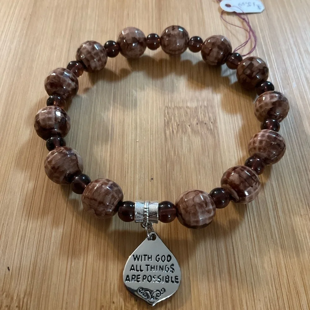 Hand Crafted Charm Bracelet Brown Stretch Beaded Scripture Unisex Matt. 19:26